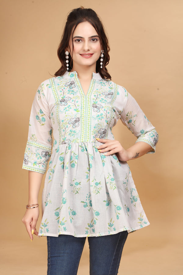 White Abstract Printed Chanderi Silk Tunic Co-ord Set