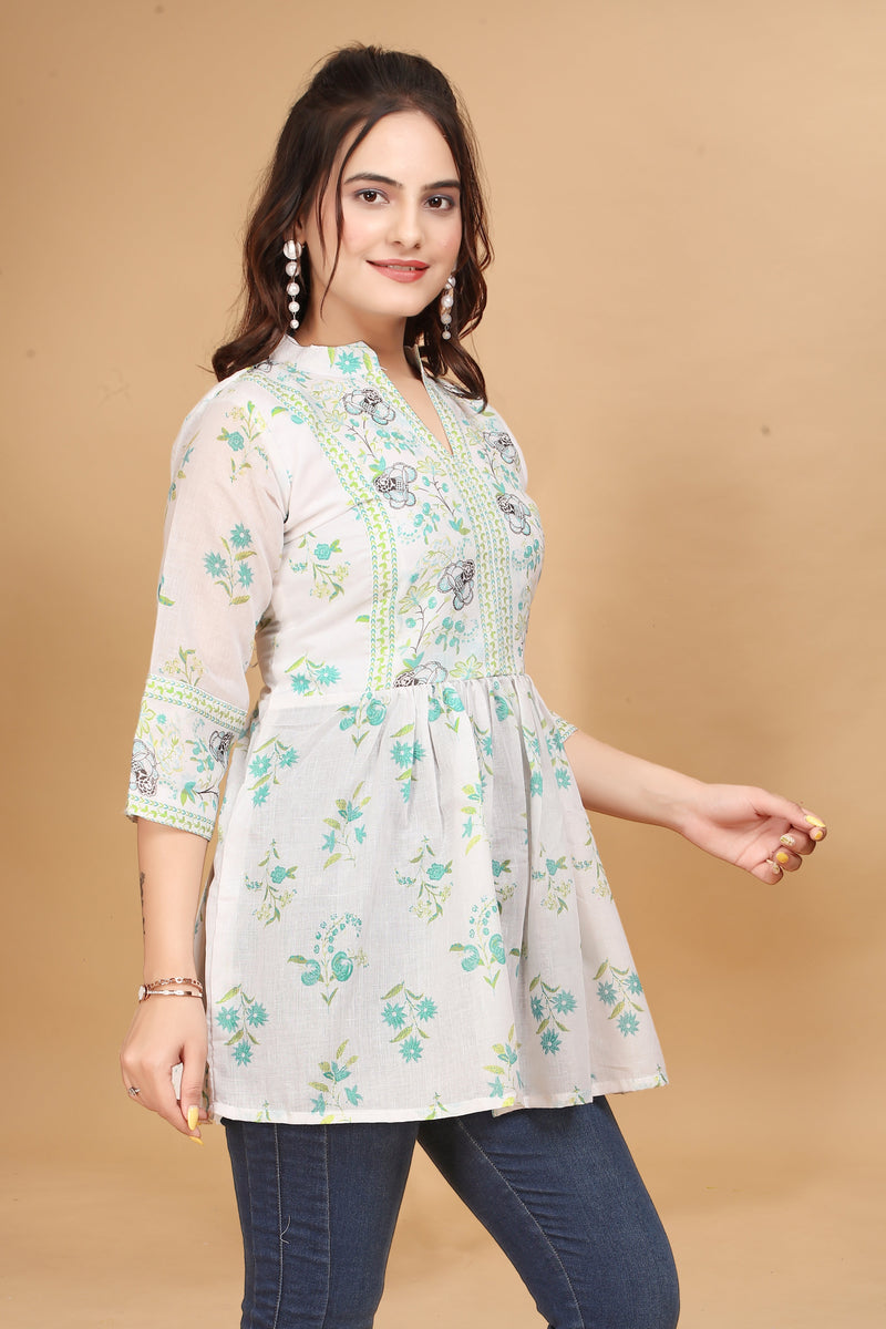 White Abstract Printed Chanderi Silk Tunic Co-ord Set