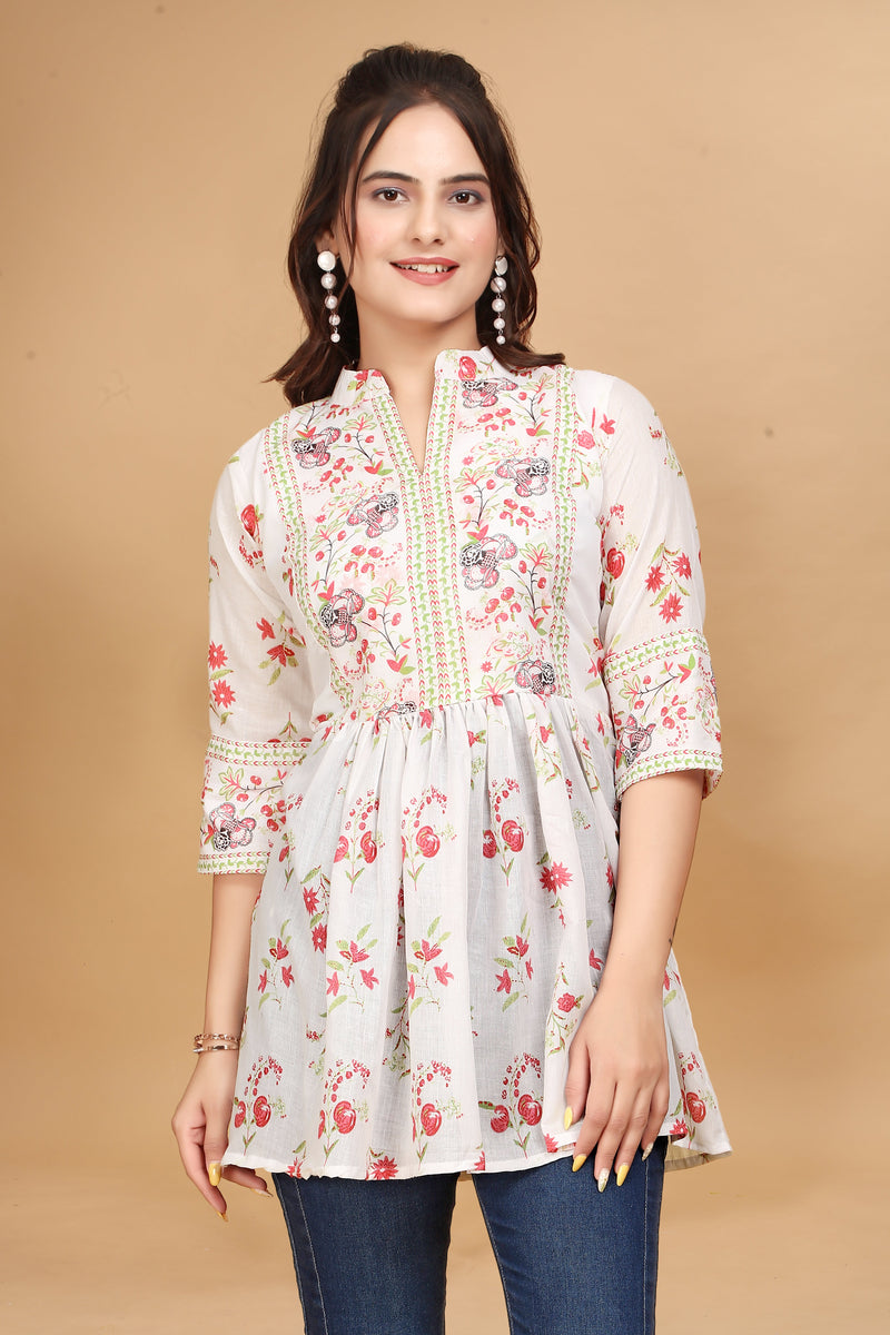 White Abstract Printed Chanderi Silk Tunic Co-ord Set