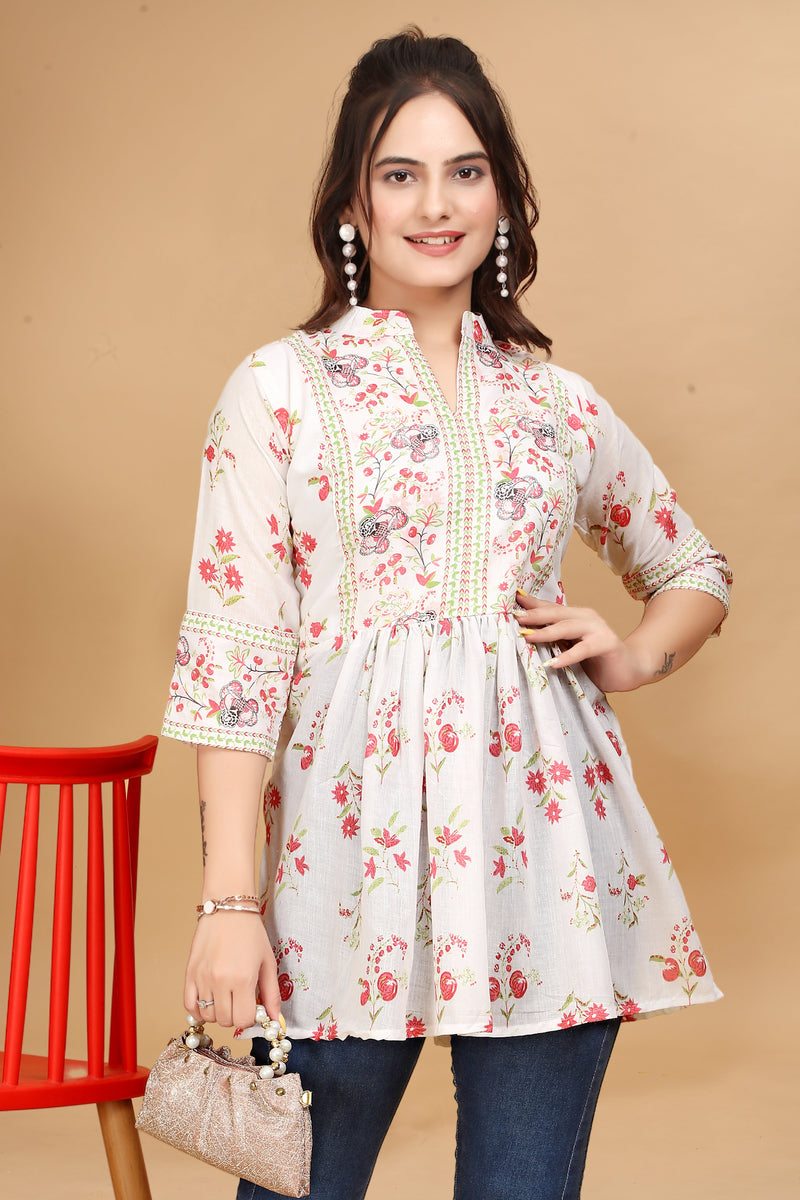 White Abstract Printed Chanderi Silk Tunic Co-ord Set