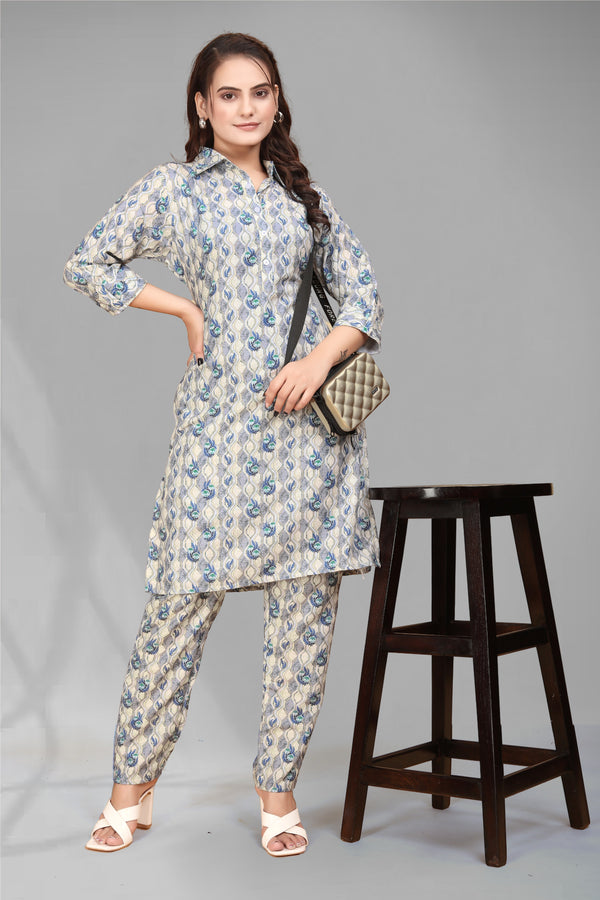 Grey Color Abstract Printed Premium Chanderi Co-ord Set