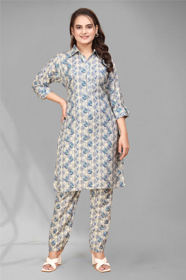 Grey Color Abstract Printed Premium Chanderi Co-ord Set