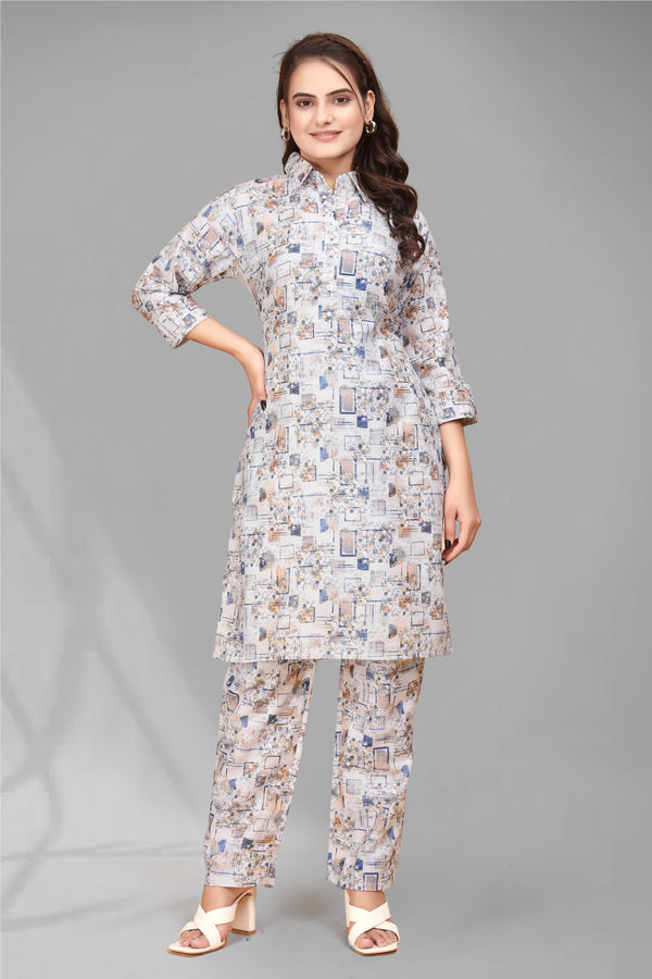 Beige Color Abstract Printed Cotton Co-ord Set