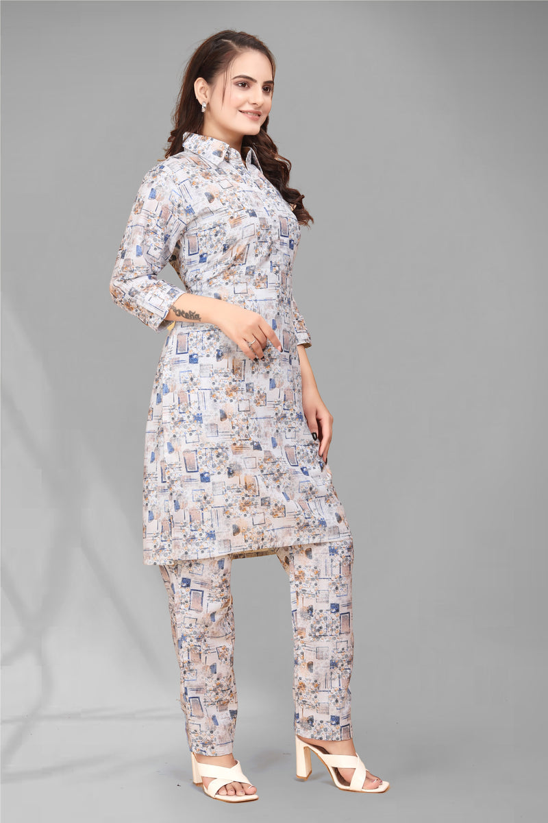 Beige Color Abstract Printed Cotton Co-ord Set