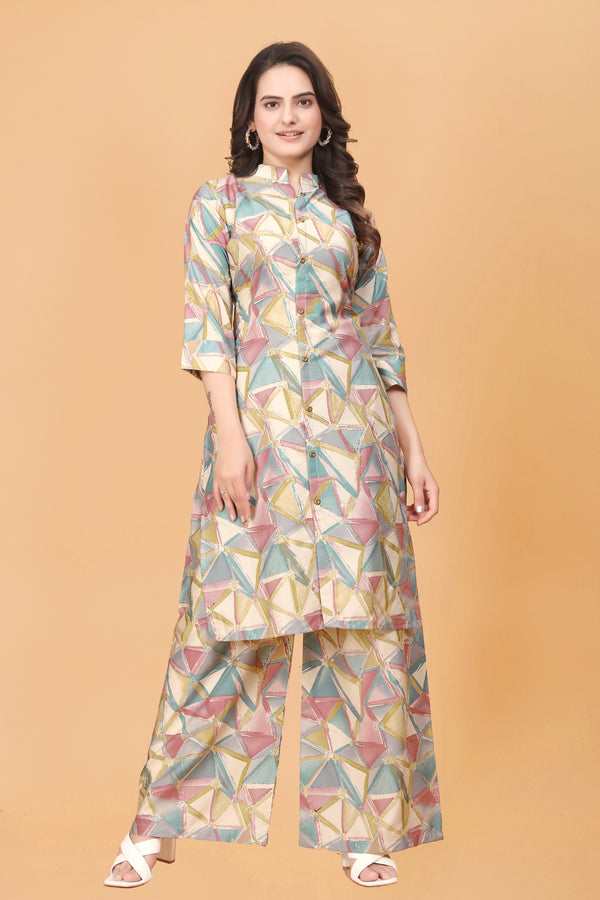 Multicolor Abstract Printed Premium Chanderi Top with Palazzo Co-ord Set