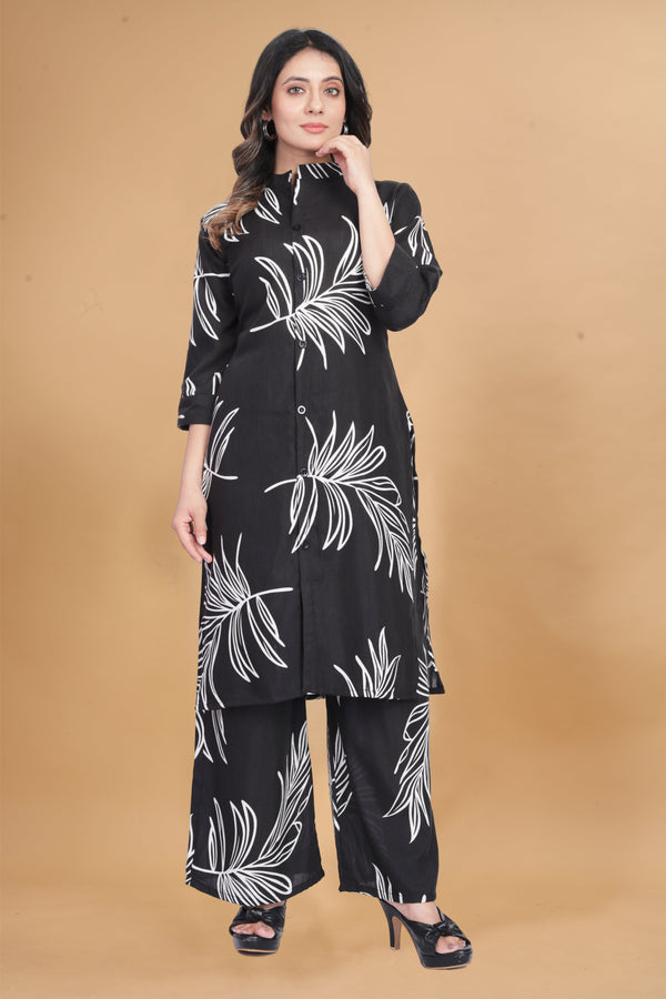 Black Floral Printed Premium Chanderi Cotton Co-ord Set