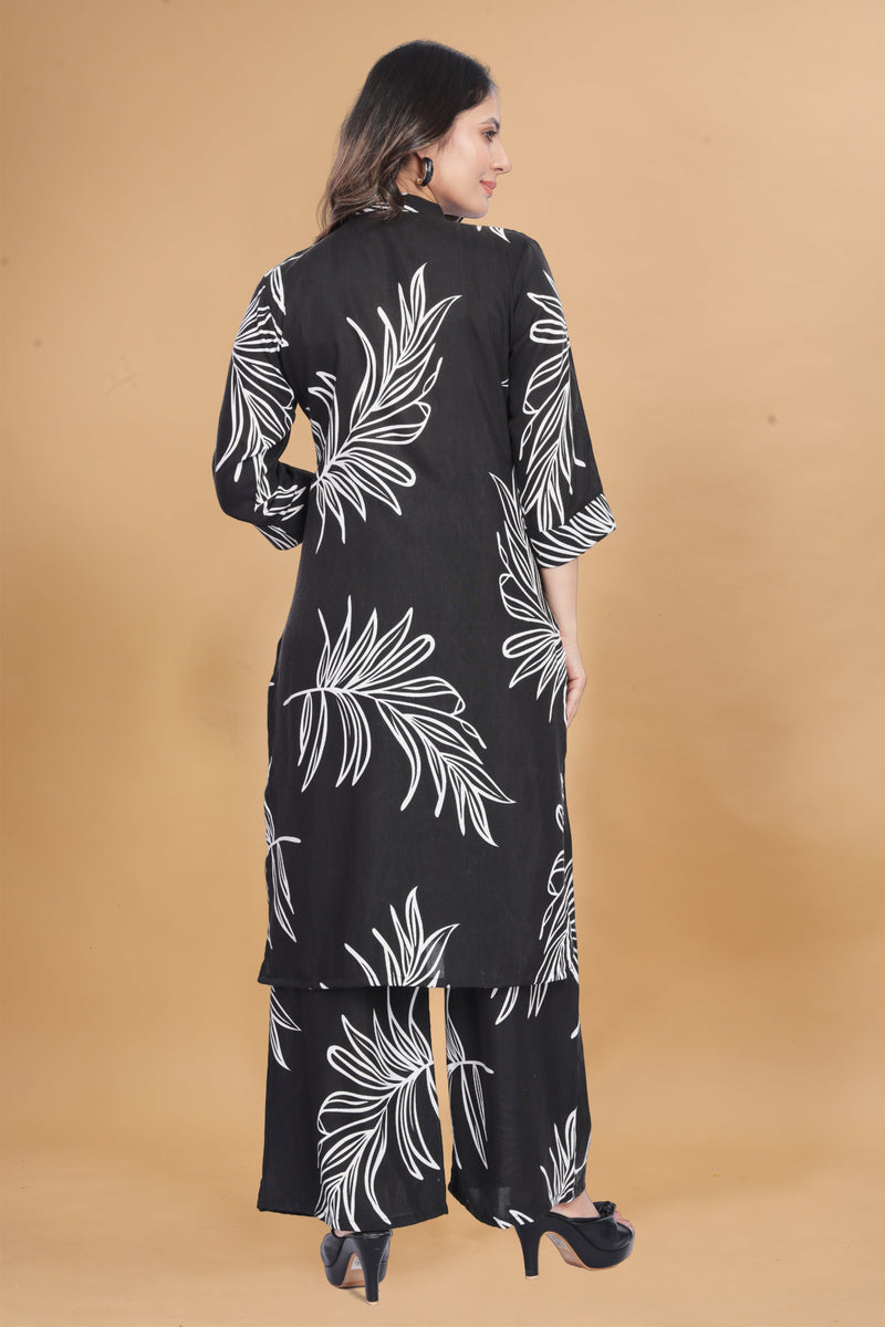 Women Black Floral Printed Premium Chanderi Cotton Co-ord set