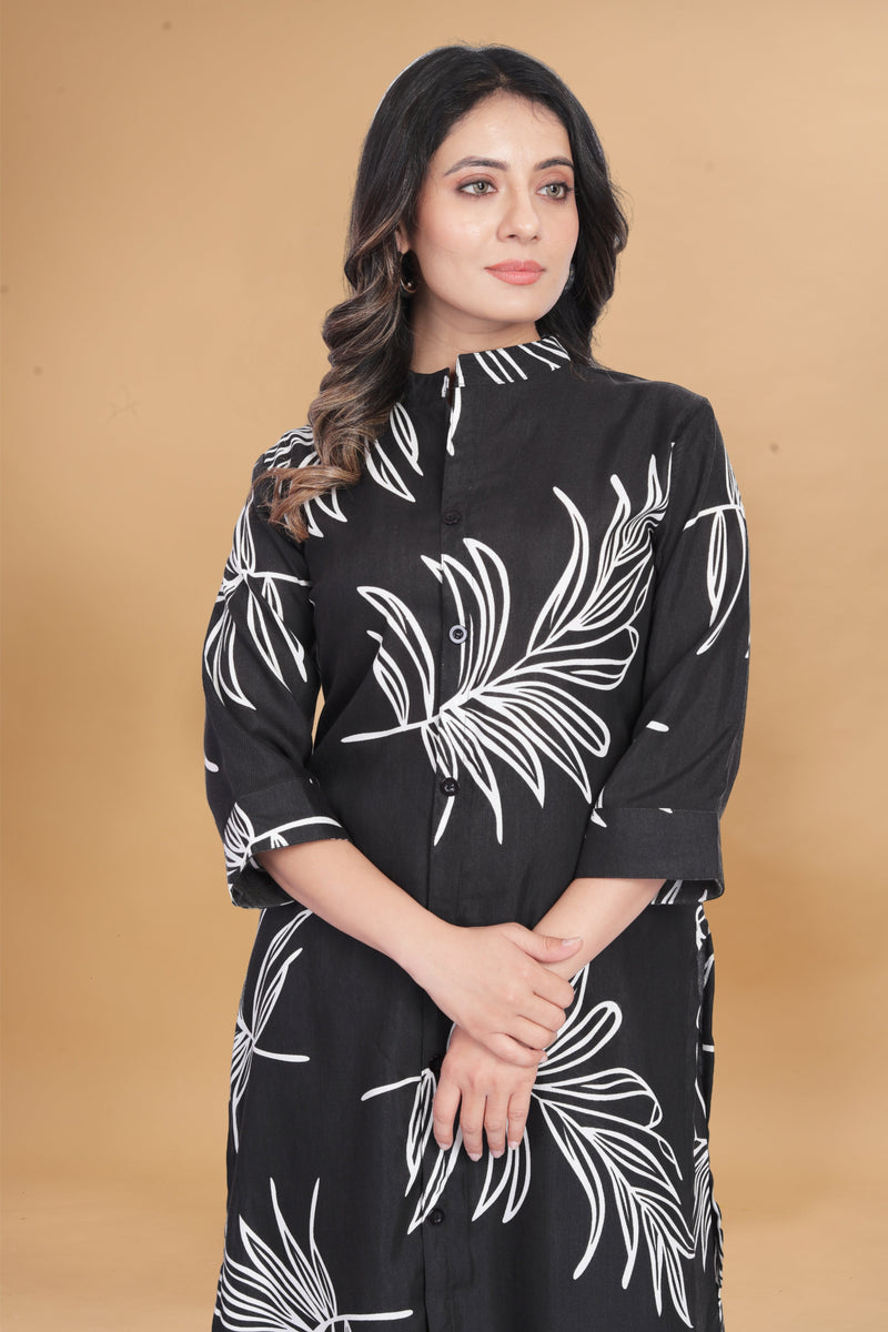 Women Black Floral Printed Premium Chanderi Cotton Co-ord set