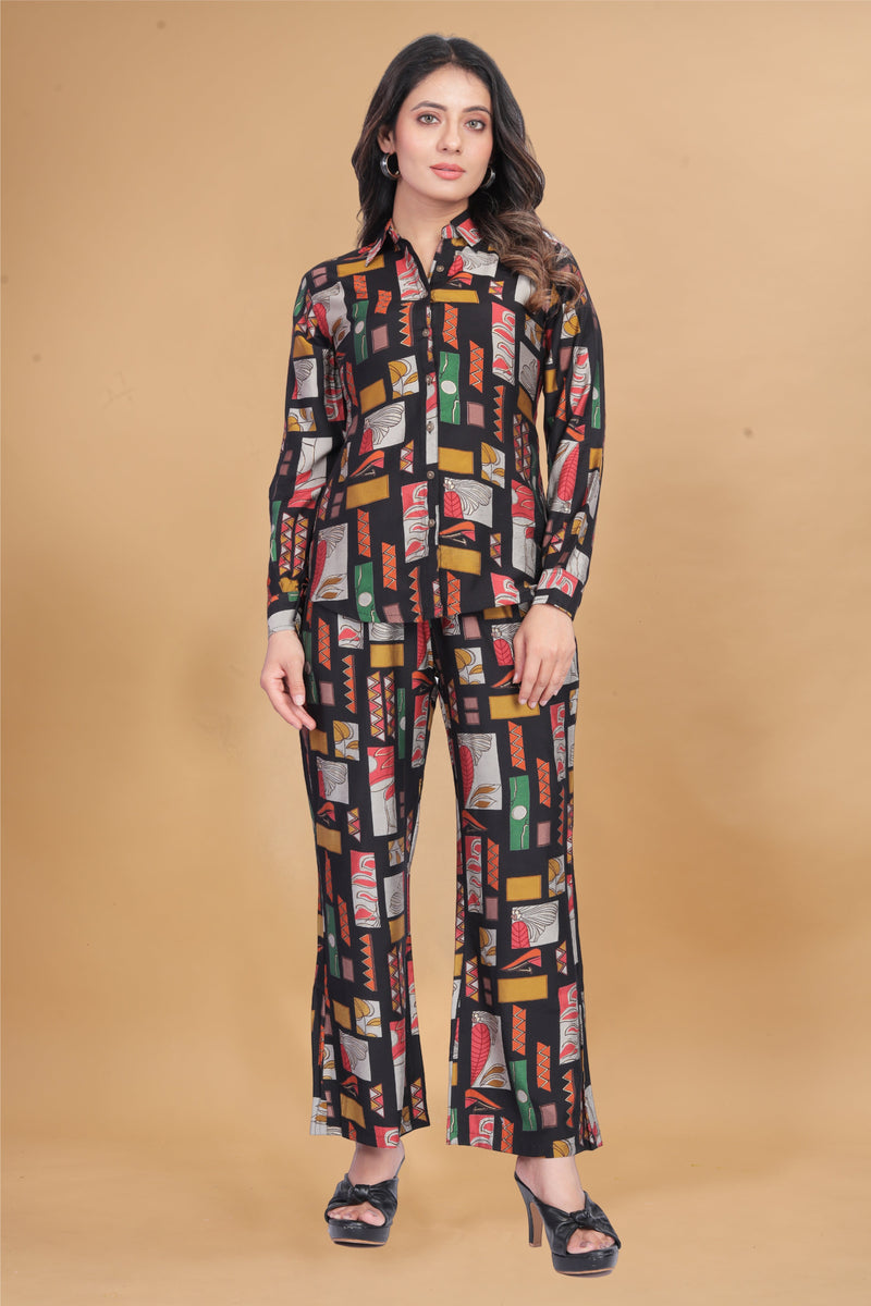 Black Abstract Printed Premium Chanderi Shirt With Trousers Co-ord Set