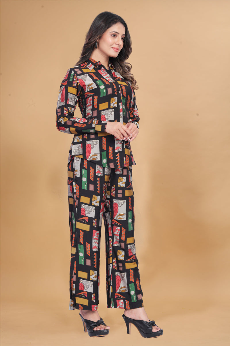 Black Abstract Printed Premium Chanderi Shirt With Trousers Co-ord Set