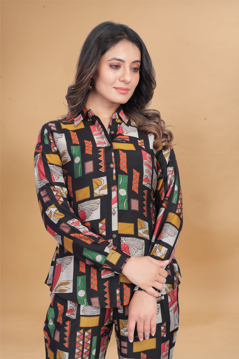 Black Abstract Printed Premium Chanderi Shirt With Trousers Co-ord Set