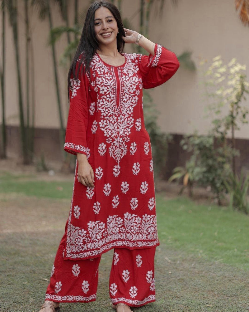 Red Rayon Fency Kurta With Plazza Set