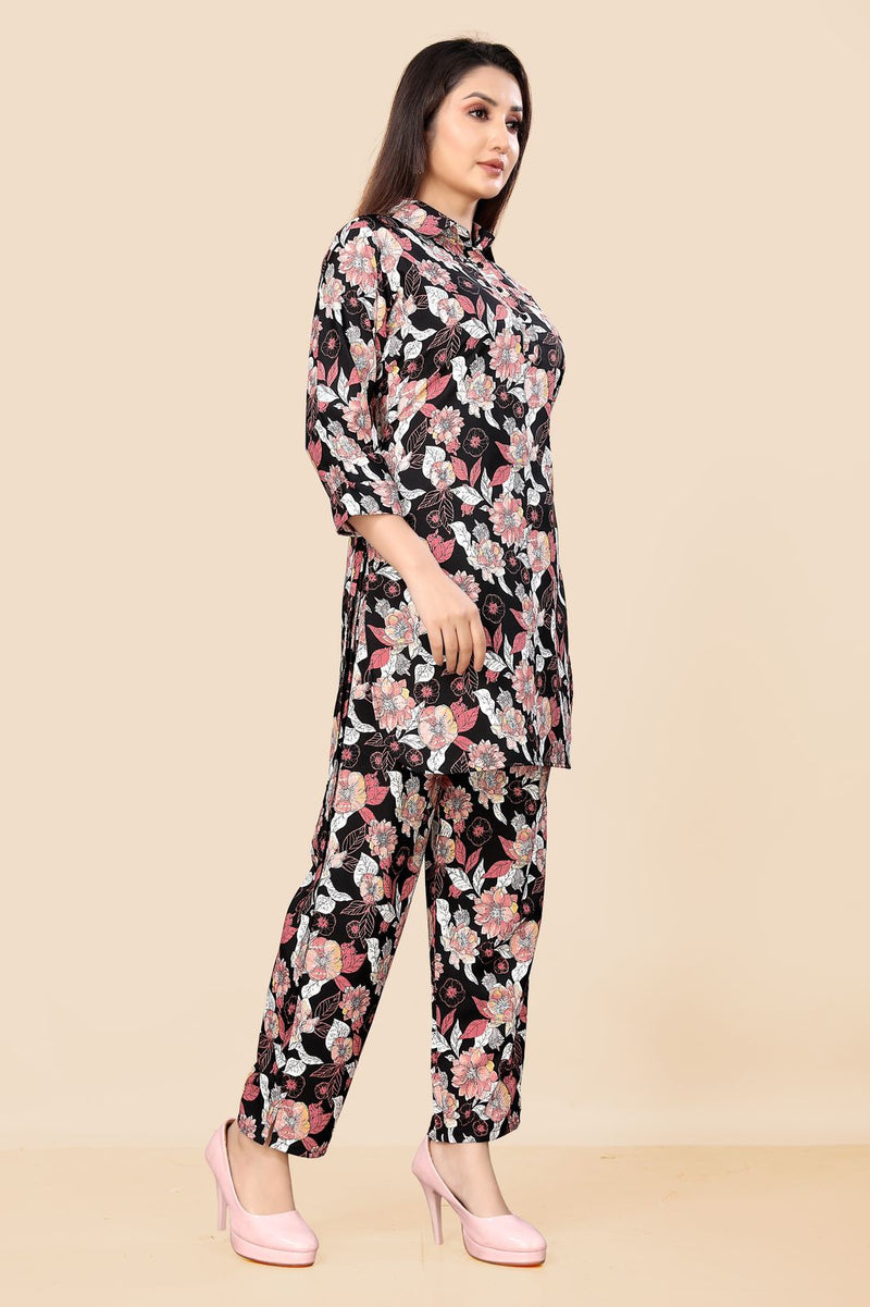 Women Black Flower Print Co-ord set