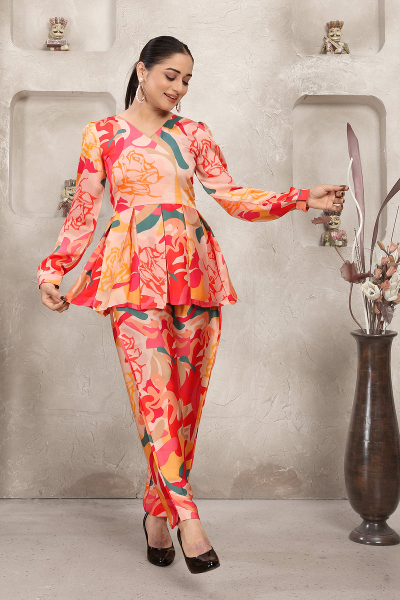 Orange and Red Attractive Print Co-Ord Set