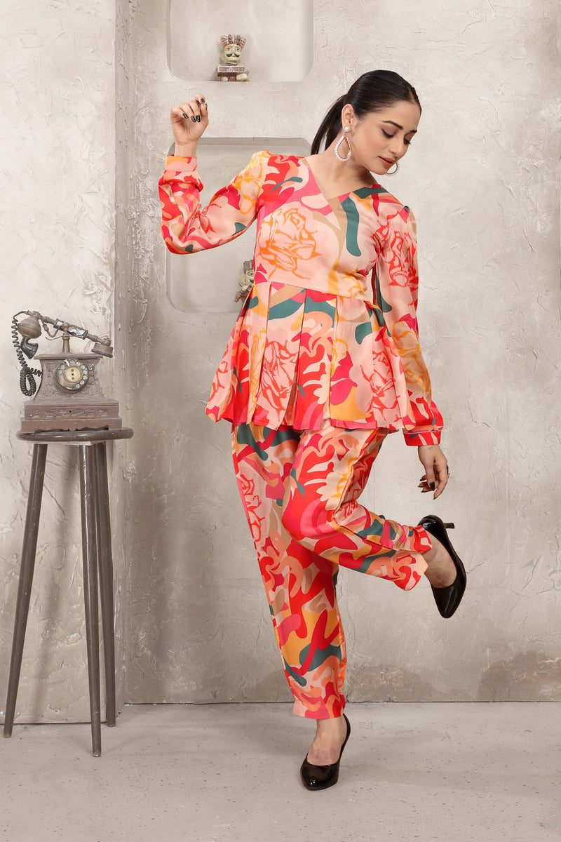 Orange and Red Attractive Print Co-Ord Set