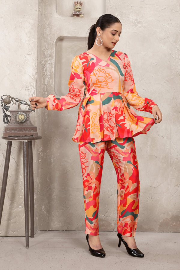 Orange and Red Attractive Print Co-Ord Set