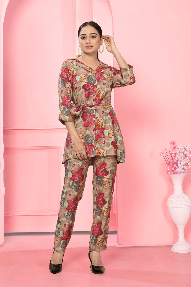 Women Red Attractive Flower Print Co-ord set