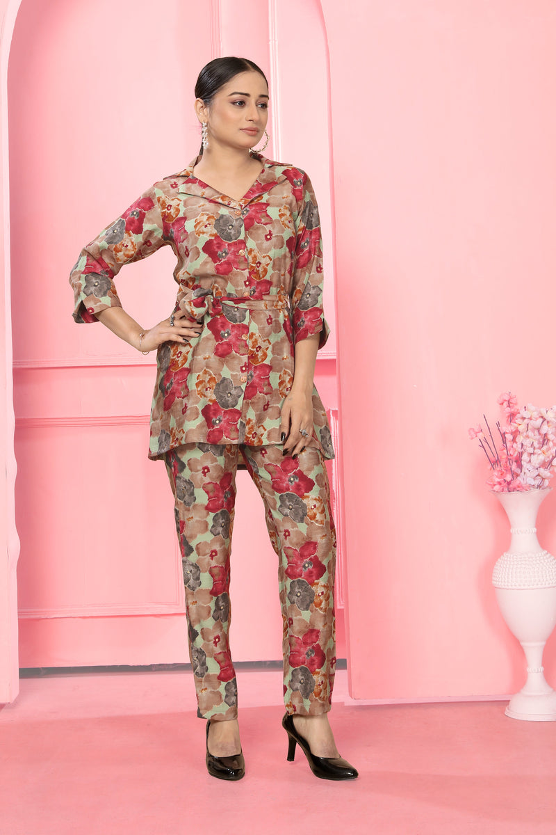 Women Red Attractive Flower Print Co-ord set