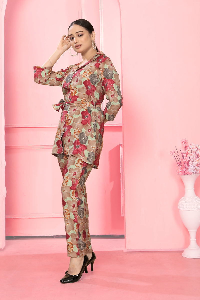 Women Red Attractive Flower Print Co-ord set