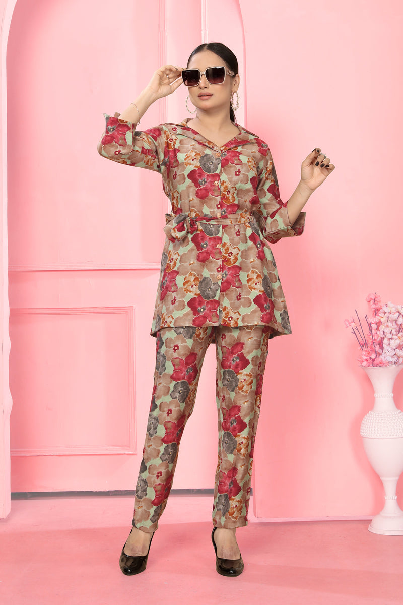 Women Red Attractive Flower Print Co-ord set