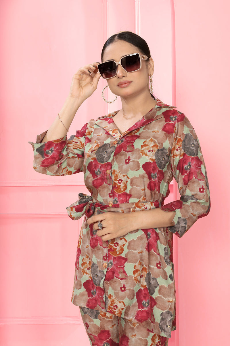 Women Red Attractive Flower Print Co-ord set