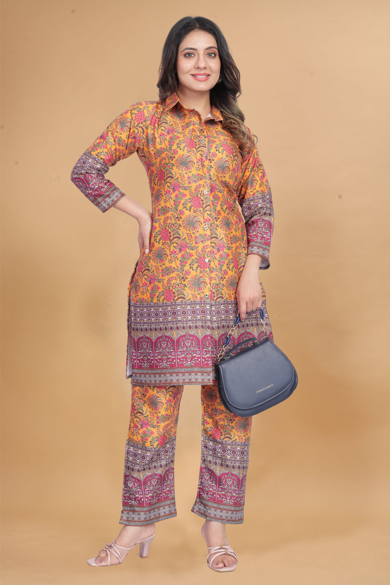 Yellow Premium Chanderi Top with Palazzo & Jacket Co-ord Set