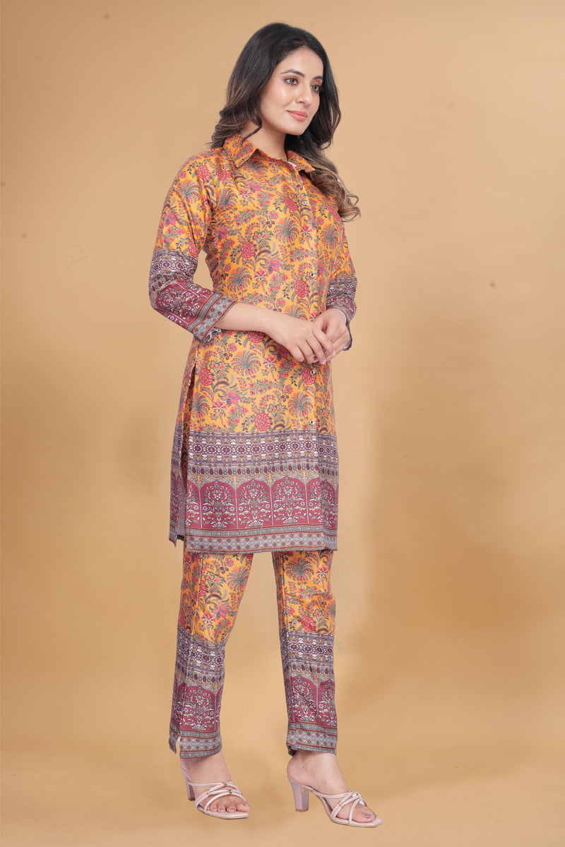 Yellow Premium Chanderi Top with Palazzo & Jacket Co-ord Set