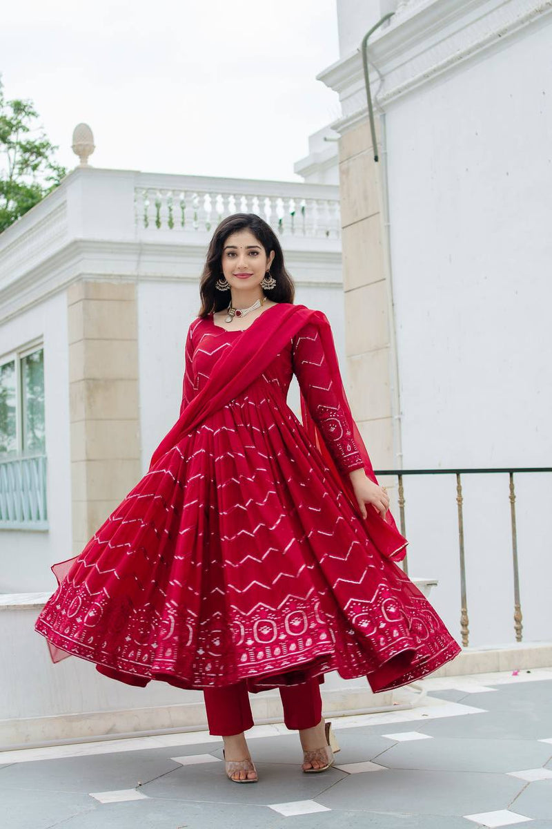 Red Designer Anarkali Suit Set-3 Piece Set