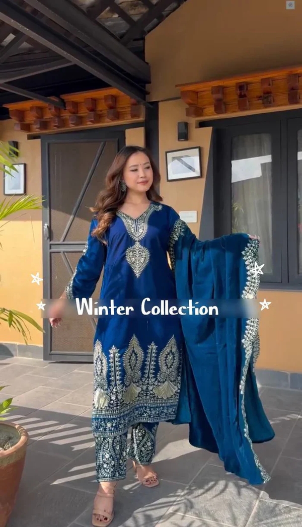 Blue Designer Velevet Suit For this Winter