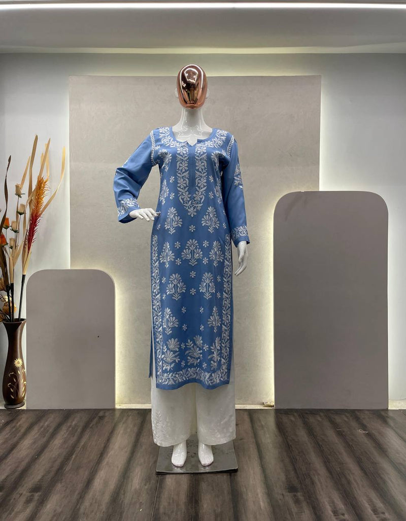 Blue Stylish Designer Chikankari Kurta With Pant Set