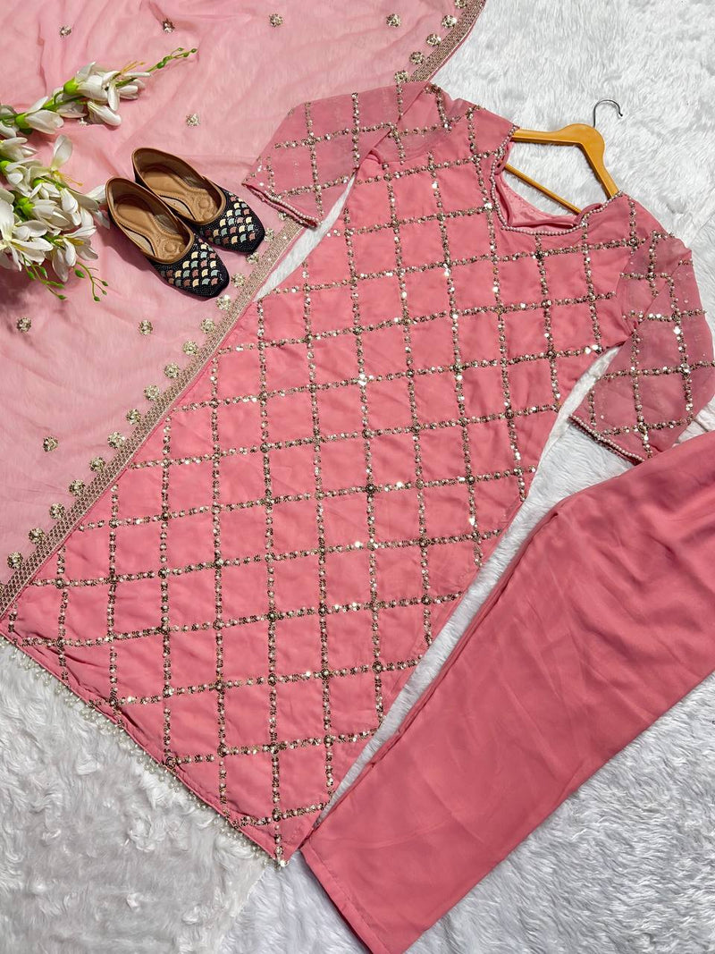 Pink And Purple Fancy Georgette Kurta With Pant And Dupatta