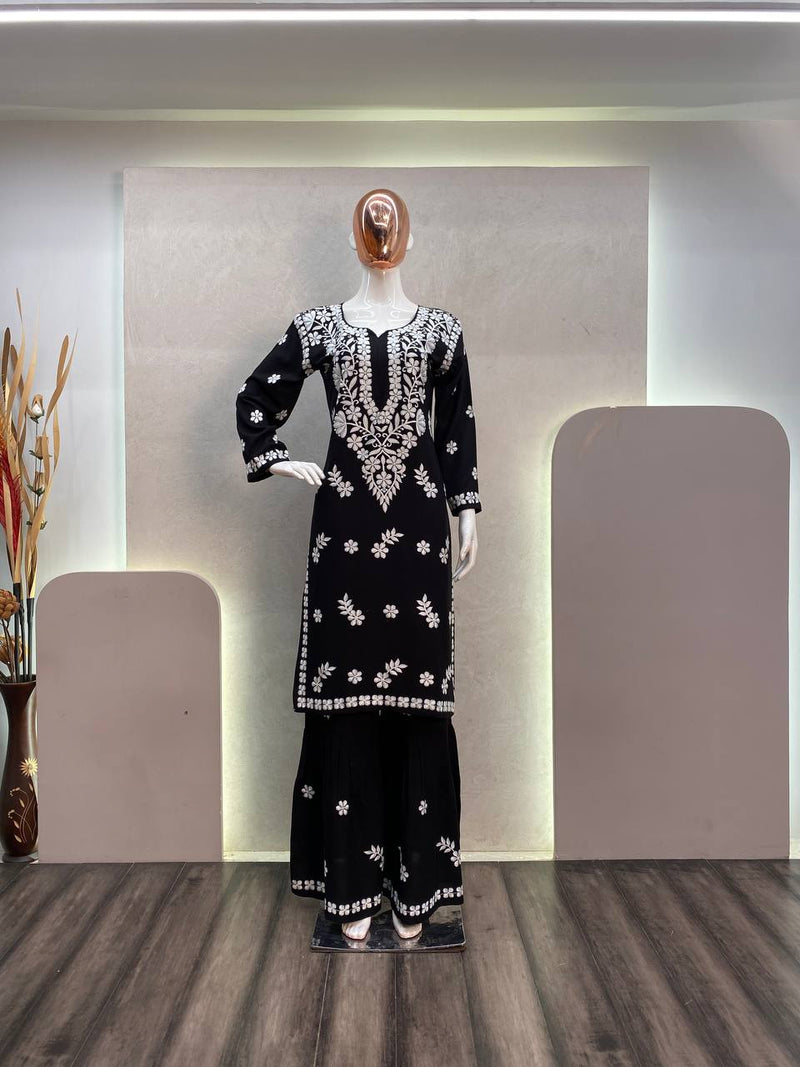 Blue And Black Kurta With Sharara Set