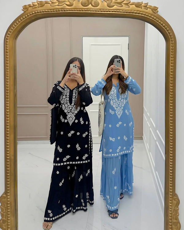 Blue And Black Kurta With Sharara Set